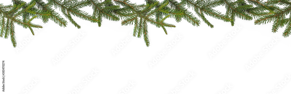 Beautiful template for christmas holiday greeting card. Frame of fir branches isolated on white background. Space for text, flat lay