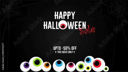 Halloween sale -50% off banner template with eyes. Vector lettering banner. Black