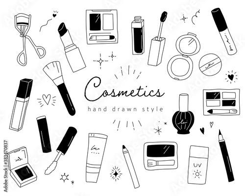 コスメ・メイク・化粧品のおしゃれな手描きイラストのセット／かわいい／美容／ビューティー／メイクアップ