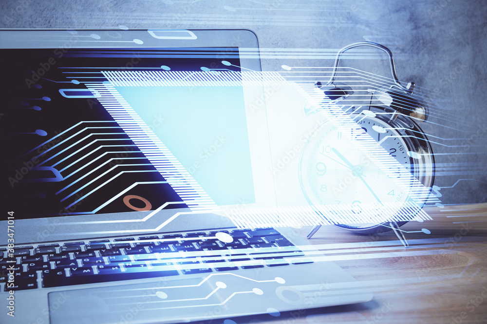 Double exposure of desktop with computer on background and tech theme drawing. Concept of big data. Double exposure of desktop with computer on background and tech theme drawing. Concept of big data.