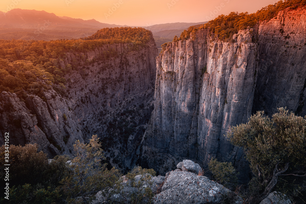 Grandiose fascinating and deep Tazi canyon in Turkey at sunrise. A famous tourist attraction and a great place for photos and Hiking in the mountains. Koprulu nature Park