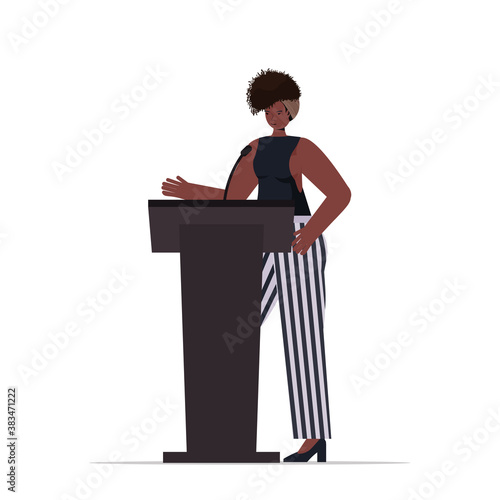 african american woman speaking to audience from tribune women's club concept full length isolated vector illustration