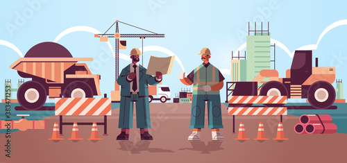 architect and engineer in uniform discussing project during meeting construction of buildings concept mix race builders working on construction site full length horizontal vector illustration
