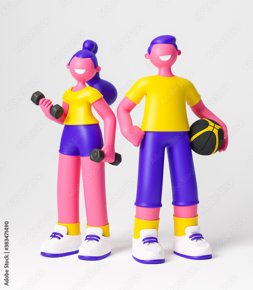 Cute happy young girl with dumbbells and boy with basketball ball. Outdoor healthy sport activity, extreme sport and lifestyle. 3d illustration. Cute happy young girl with dumbbells and boy with basketball ball. Outdoor healthy sport activity, extreme sport and lifestyle. 3d illustration.