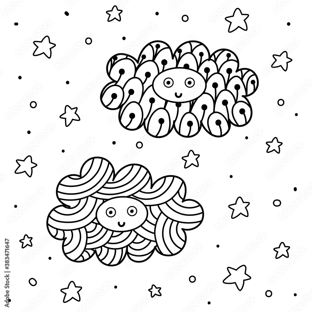 Cute clouds characters in the sky coloring page. Fantasy background for ...