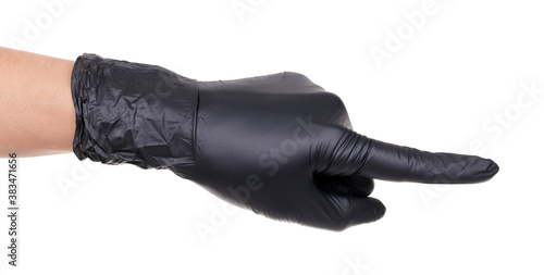 Hand with black latex gloves, isolated on white background.
