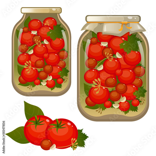Color image of jar of pickled tomatoes. Vegetables. Pickles. Food and cooking. Vector illustration set.