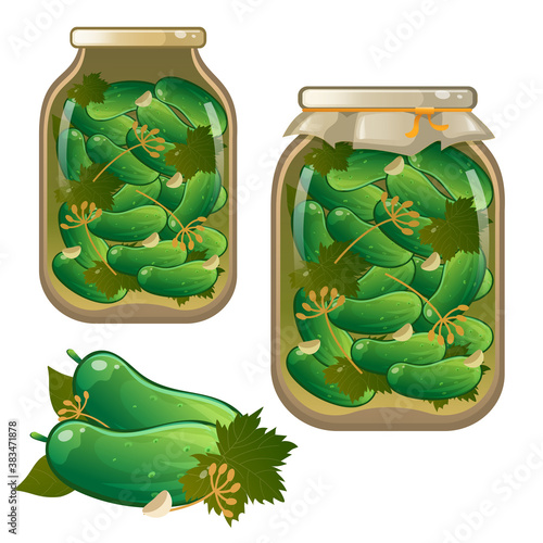 Color image of jar of pickles. Pickled cucumbers. Vegetables. Marination. Food and cooking. Vector illustration set.