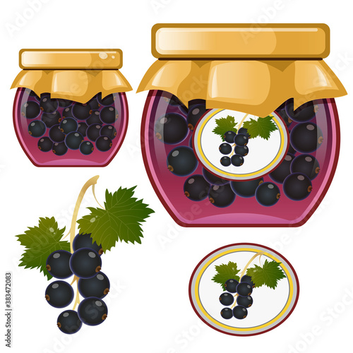 Color image of jar of blackcurrant jam. Currant. Berries and fruits. Food and cooking. Vector illustration.
