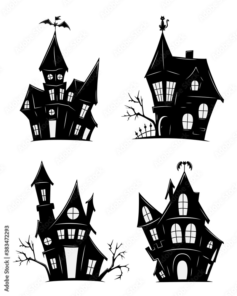 Set of haunted houses for Halloween. Vector silhouettes of scary old houses. Mystical spooky house. Black halloween castle. For flyer or invitation template for Halloween party