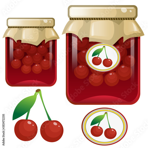 Color image of jar of cherry jam. Berries and fruits. Food and cooking. Vector illustration.