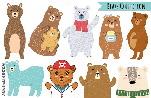 Bears set in cartoon style. Cute forest animal collection isolated on white background