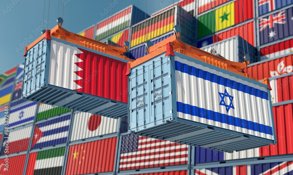 Freight containers with Israel and Bahrain flag. 3D Rendering