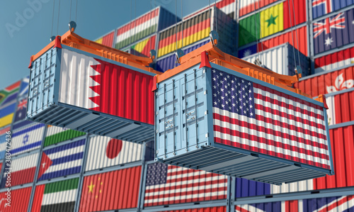 Freight containers with USA and Bahrain flag. 3D Rendering