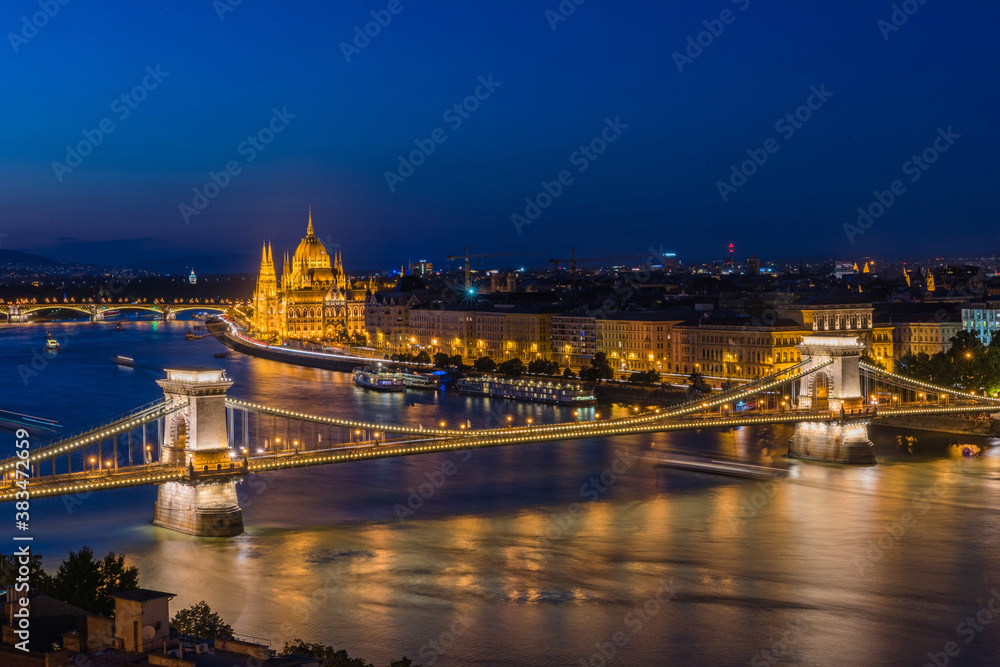Beautiful panoramic view of Budapest cityscape with the Chain Bridge and the Hungarian Parliament at night