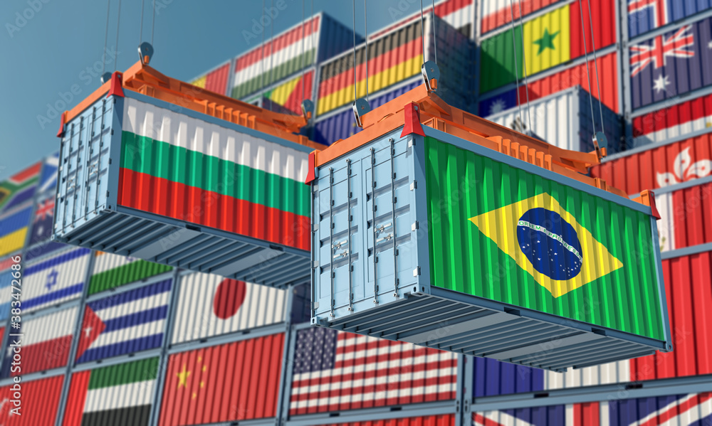 Freight containers with Brazil and Bulgaria flag. 3D Rendering Freight containers with Brazil and Bulgaria flag. 3D Rendering