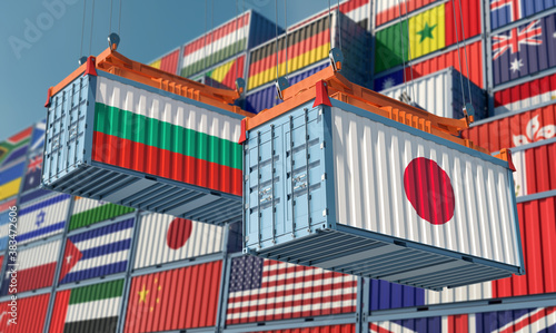 Freight containers with Japan and Bulgaria flag. 3D Rendering