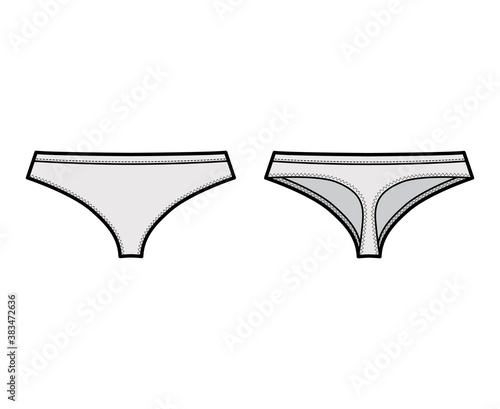 Cheeky thongs technical fashion illustration with low rise, elastic waistband small hips coverage. Flat Mini-short briefs lingerie template front back grey color. Women men unisex underwear CAD mockup