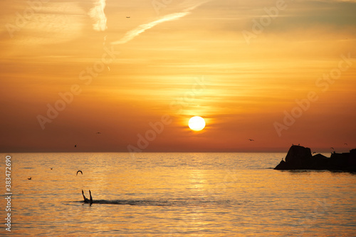Obraz na płótnie Barceloneta beach at sunrise in Barcelona, Spain w salonie