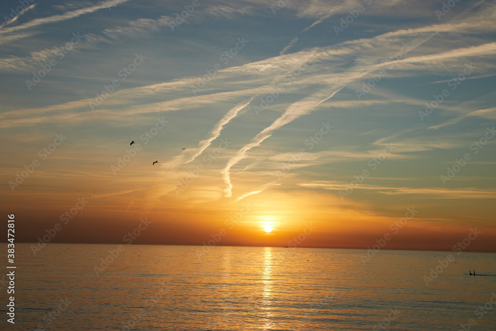 Barceloneta beach at sunrise in Barcelona, Spain