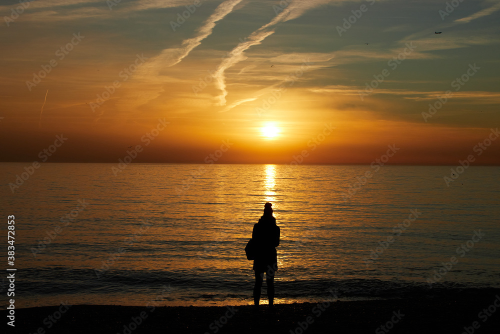 Barceloneta beach at sunrise in Barcelona, Spain