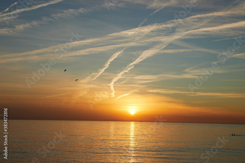 Obraz na płótnie Barceloneta beach at sunrise in Barcelona, Spain w salonie