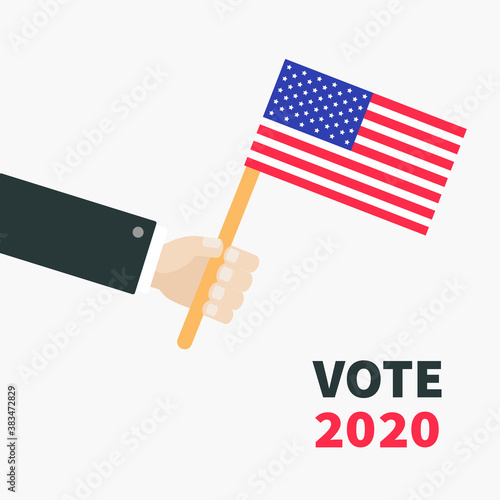 Businessman hand holding american flag. President election day. Vote 2020. Voting concept.Flat design. Invitation Card Print. Isolated White background.