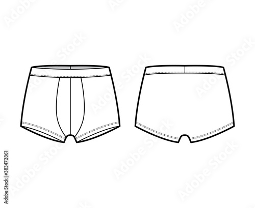 Trunks underwear technical fashion illustration with elastic waistband, Athletic-style skin-tight. Flat short-leg boxer briefs Underpants template front back white color. Women men unisex CAD mockup