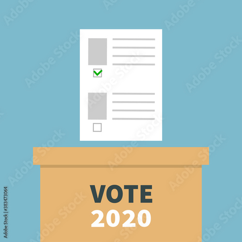 Paper blank bulletin with green mark concept. Ballot Voting box. Polling station. President election day Vote 2020 white black text. Invitation Card. Blue background. Flat design.