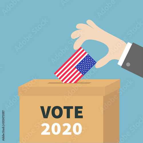President election day Vote 2020. Ballot Voting box. Businessman holding American flag paper blank bulletin concept. Polling station. Isolated. Blue background. Flat design. Card