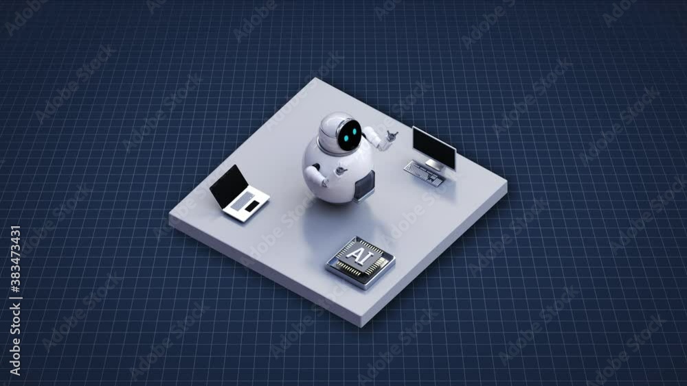 Artificial intelligence Robots and CPU chips on a white square floor, IoT AI Future technology, 4k animation.1. Artificial intelligence Robots and CPU chips on a white square floor, IoT AI Future technology, 4k animation.1.