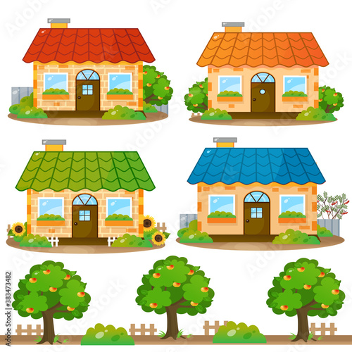 Color images of cartoon brick houses on white background. Vector illustration set for kids.