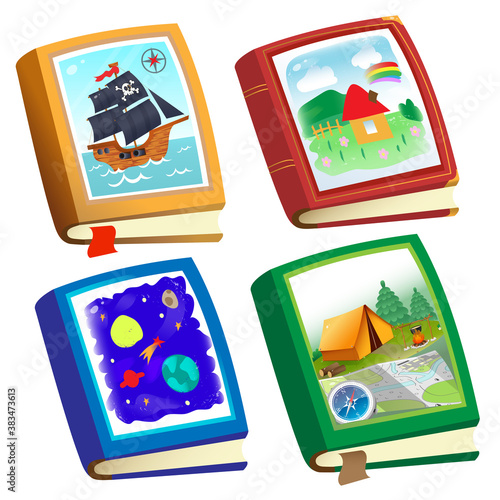 Color image of children's books on white background. Fairy tales and adventure. Encyclopedia and fiction. Vector illustration set for kids.