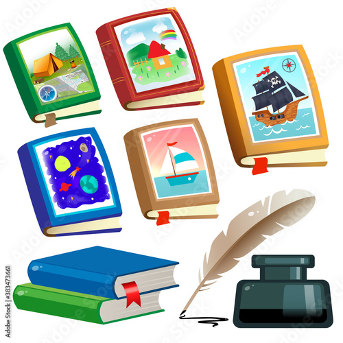 Color image of children's books on white background. Fairy tale and adventure. Encyclopedia and fiction. Inkwell with feather pen. Vector illustration set for kids.