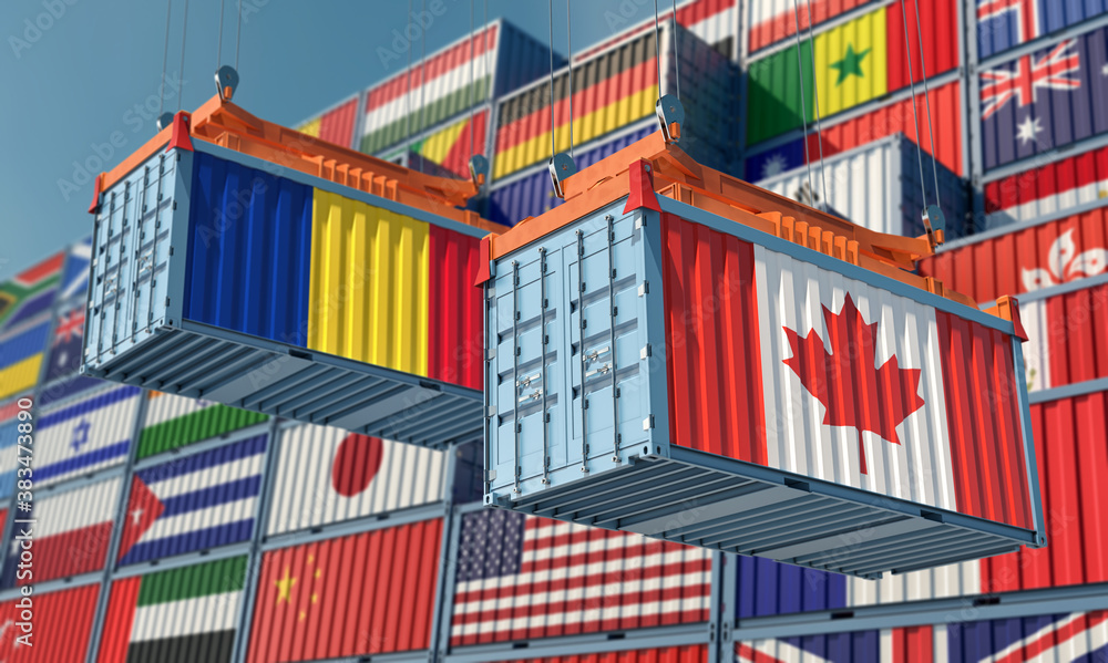 Freight containers with Canada and Romania national flag. 3D Rendering 