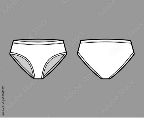 High-cut briefs technical fashion illustration with mid hips coverage and waist rise. Flat Mini-short panties bikini lingerie template front, back, white color. Women men unisex underwear CAD mockup