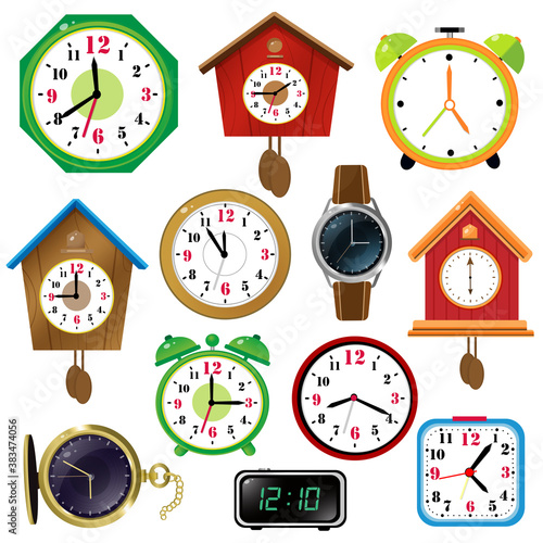 Color images of watches on white background. Alarm clock,  wall clock with cuckoo, electronic timepiece, wristwatch. Vector illustration set for kids.