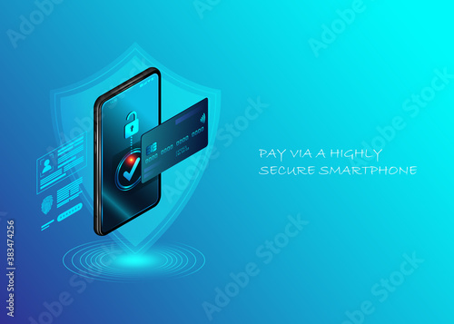 Secure online payment transaction with smartphone. Cryptocurrency and blockchain. Data secure.