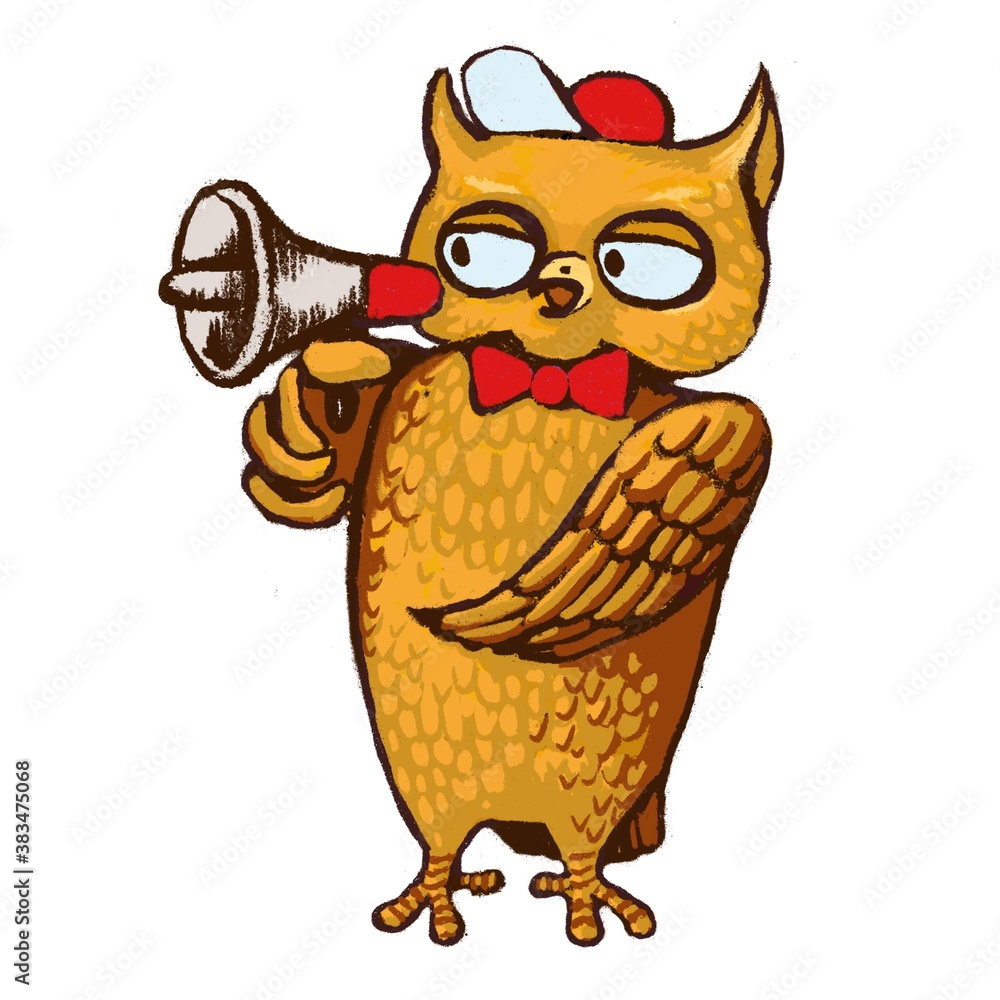 Cartoon screaming owl character with megaphone. Funny owl hand drawn  illustration isolated on white background for banner, book or game design.  Stock Illustration | Adobe Stock