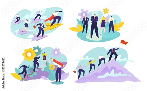 Leadership business people vector illustration set. Cartoon flat active leader character leads corporate team to win, success, businessman and businesswoman work together concept isolated on white