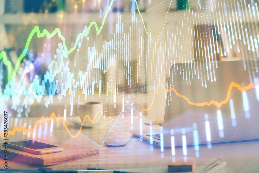 Stock market graph and table with computer background. Multi exposure. Concept of financial analysis. Stock market graph and table with computer background. Multi exposure. Concept of financial analysis.