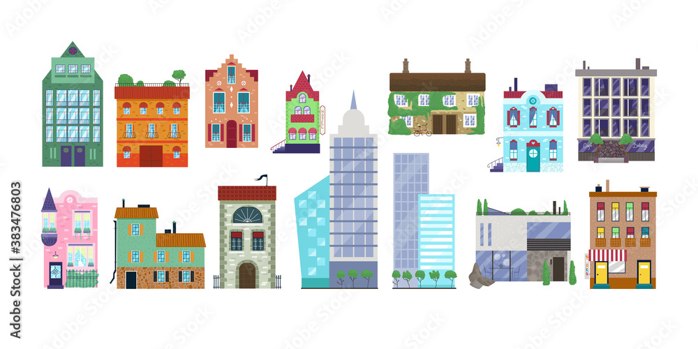 House vector illustration set. Cartoon flat modern and old exterior facade of houses in city or village, townhouse building apartment with doors and windows, home or office icons isolated on white