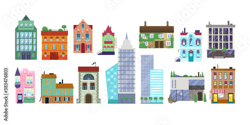 House vector illustration set. Cartoon flat modern and old exterior facade of houses in city or village, townhouse building apartment with doors and windows, home or office icons isolated on white