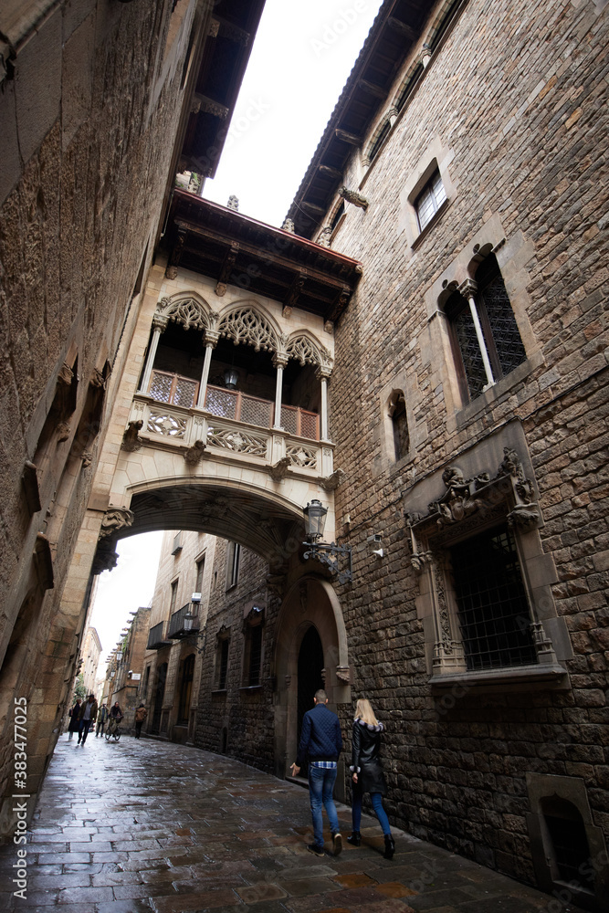 Streets in the Bari Gotic of Barcelona, Spain