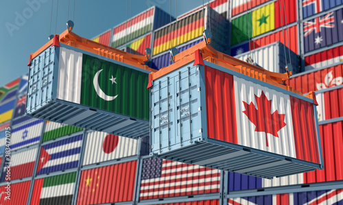 Freight containers with Pakistan and Canada national flags. 3D Rendering © Marius Faust