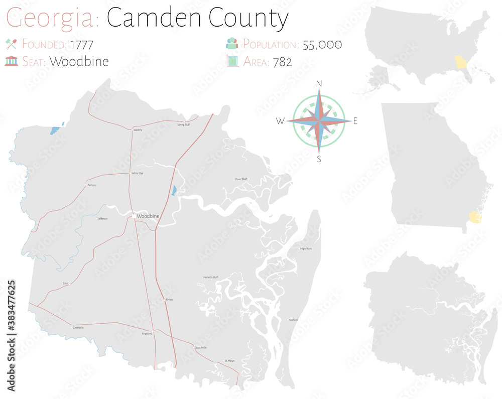 Large and detailed map of Camden county in Georgia, USA.
