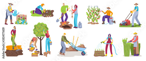 People in gardening activity vector illustration set. Cartoon flat man woman gardener character doing garden job, watering, planting and growing, active farmers harvesting icons isolated on white