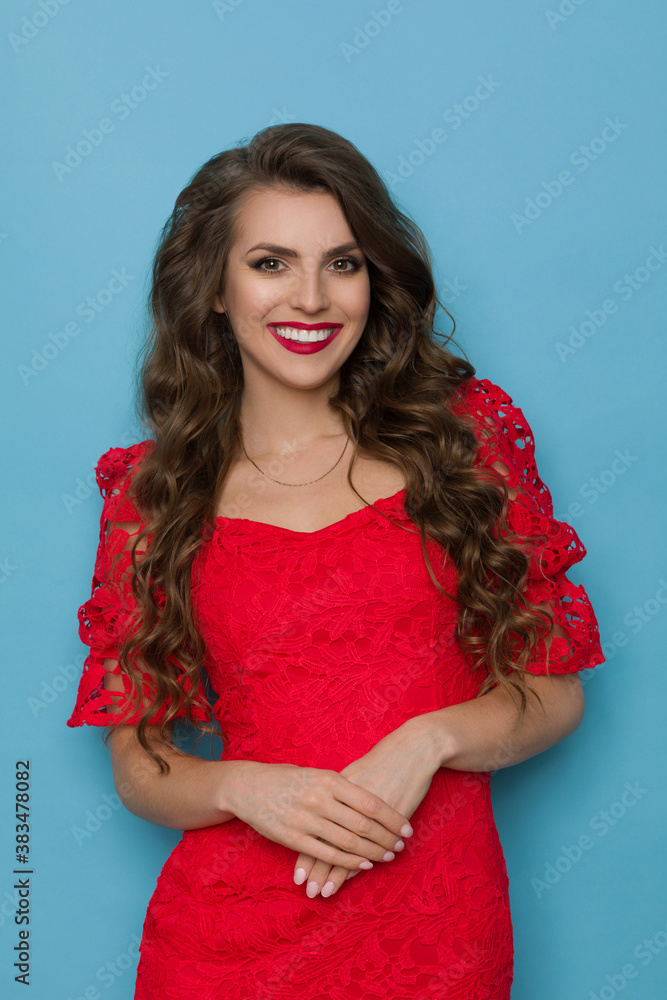 Portrait Of Smiling Beautiful Woman In Elegant Red Lace Dress Portrait Of Smiling Beautiful Woman In Elegant Red Lace Dress