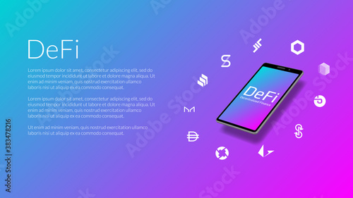 DeFi decentralized finance information website header mockup with realistic isometric smartphone and coin icons around. Beautiful gradient blue to pink. Vector EPS10.