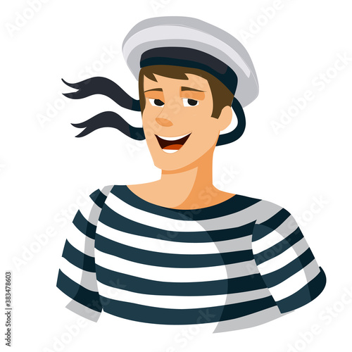 portrait of a young sailor in a striped vest and visor with ribbons, cartoon illustration, isolated object on white background, vector illustration,